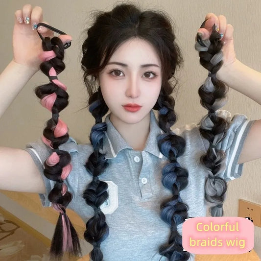 AISHG Wigs Twist Braid Natural Women Ponytail Playful Cute Hair Rings Ponytail Braid Wig Fashion Colorful Girls Hair Accessories