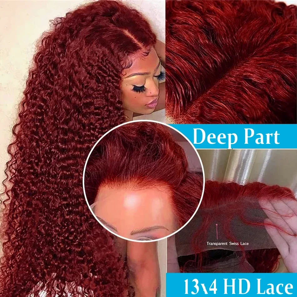 13x4 Deep Curly Lace Frontal Wig 99J Burgundy 250 Density 13x6 Lace Front Wigs Red Color HD Deep Wave Human Hair Wigs For Women