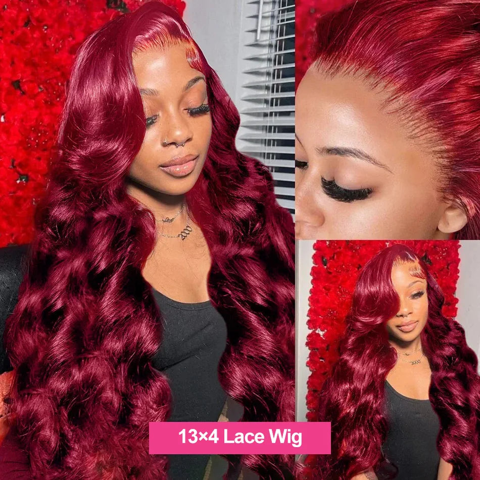 99J Burgundy 250 Density Body Wave HD 13x4 Lace Front Wig 13x6 Human Hair 30 40 Inch Lace Frontal wig Red Wine Colored Brazilian