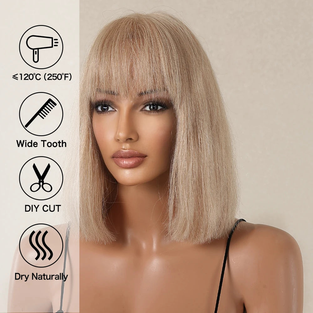 100% Remy Human Hair Honey Blonde Short Straight Bob Wigs with Bangs Human Hair Wig Machine Made 10inches Wig for Women Daiy Use