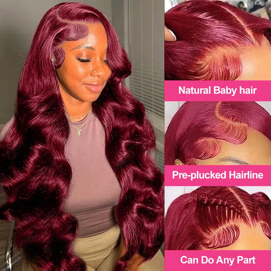 99J Burgundy 250 Density Body Wave HD 13x4 Lace Front Wig 13x6 Human Hair 30 40 Inch Lace Frontal wig Red Wine Colored Brazilian