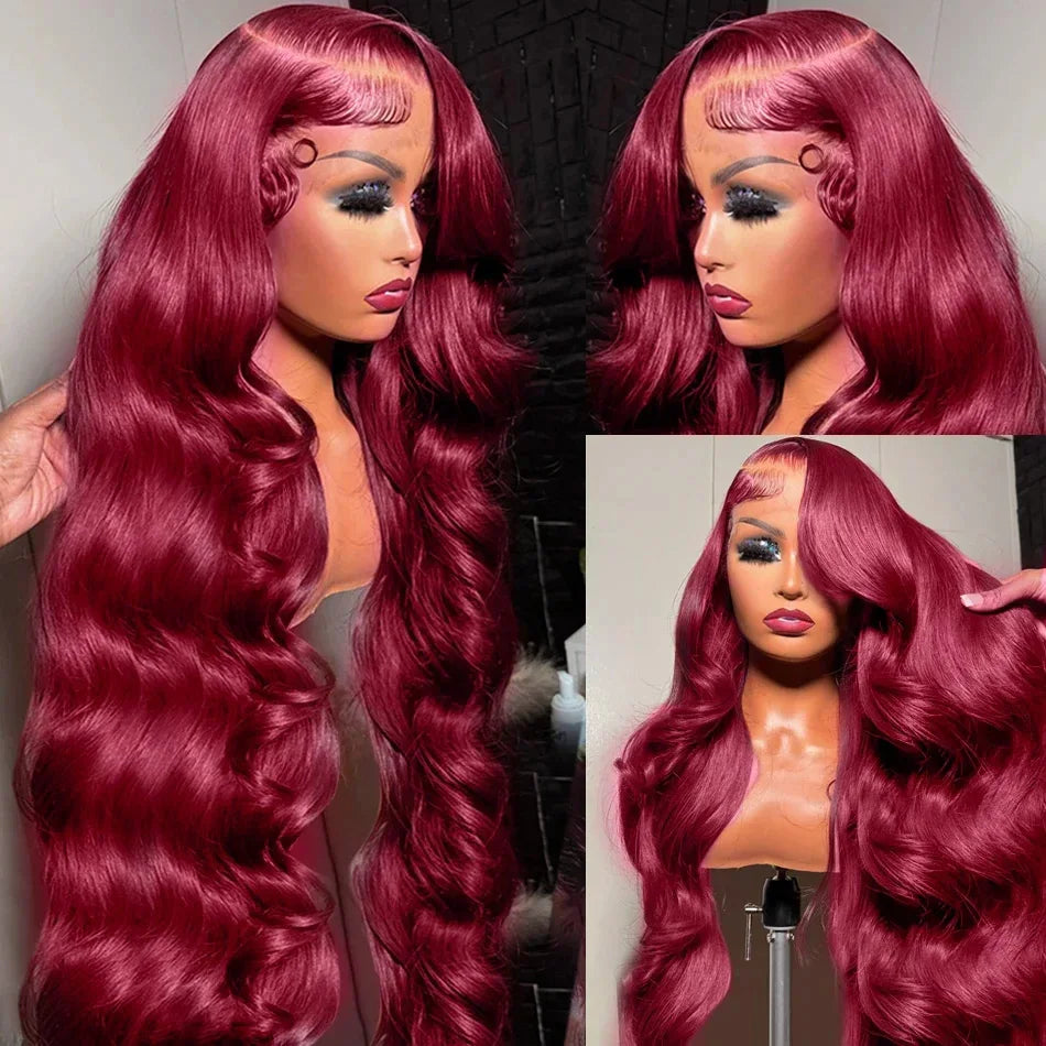 99J Burgundy 250 Density Body Wave HD 13x4 Lace Front Wig 13x6 Human Hair 30 40 Inch Lace Frontal wig Red Wine Colored Brazilian