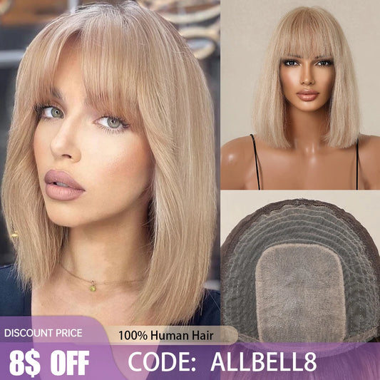 100% Remy Human Hair Honey Blonde Short Straight Bob Wigs with Bangs Human Hair Wig Machine Made 10inches Wig for Women Daiy Use