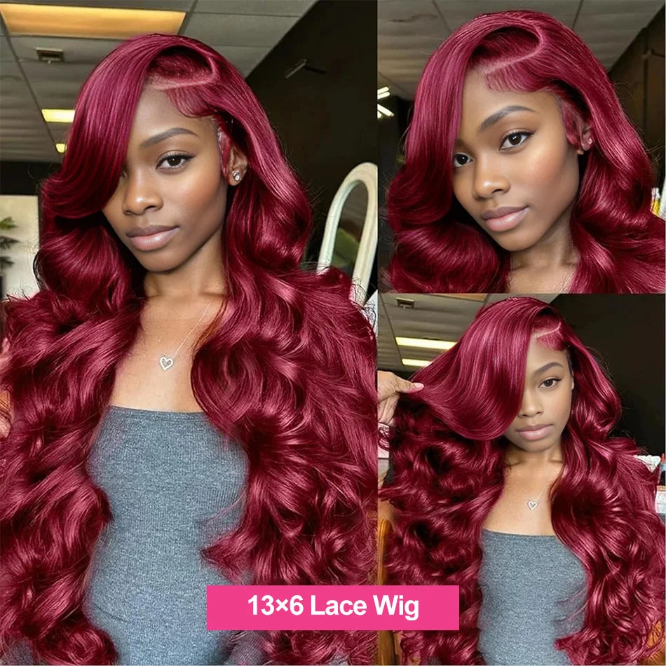 99J Burgundy 250 Density Body Wave HD 13x4 Lace Front Wig 13x6 Human Hair 30 40 Inch Lace Frontal wig Red Wine Colored Brazilian