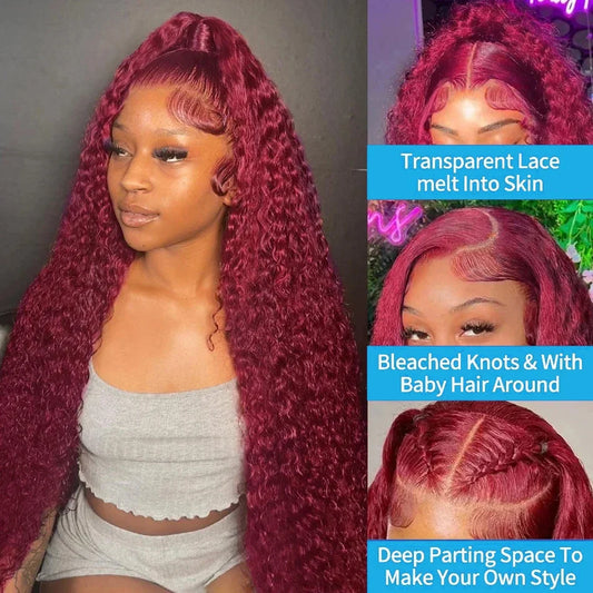 13x4 Deep Curly Lace Frontal Wig 99J Burgundy 250 Density 13x6 Lace Front Wigs Red Color HD Deep Wave Human Hair Wigs For Women