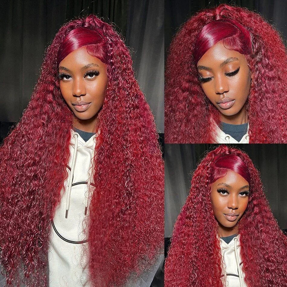 13x4 Deep Curly Lace Frontal Wig 99J Burgundy 250 Density 13x6 Lace Front Wigs Red Color HD Deep Wave Human Hair Wigs For Women