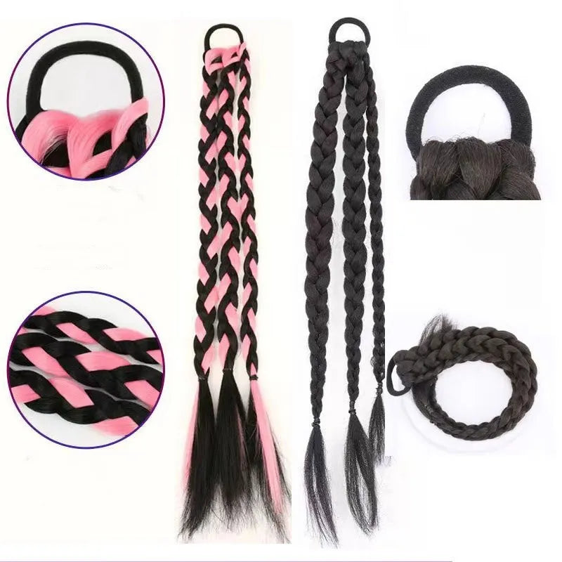 AISHG Wigs Twist Braid Natural Women Ponytail Playful Cute Hair Rings Ponytail Braid Wig Fashion Colorful Girls Hair Accessories