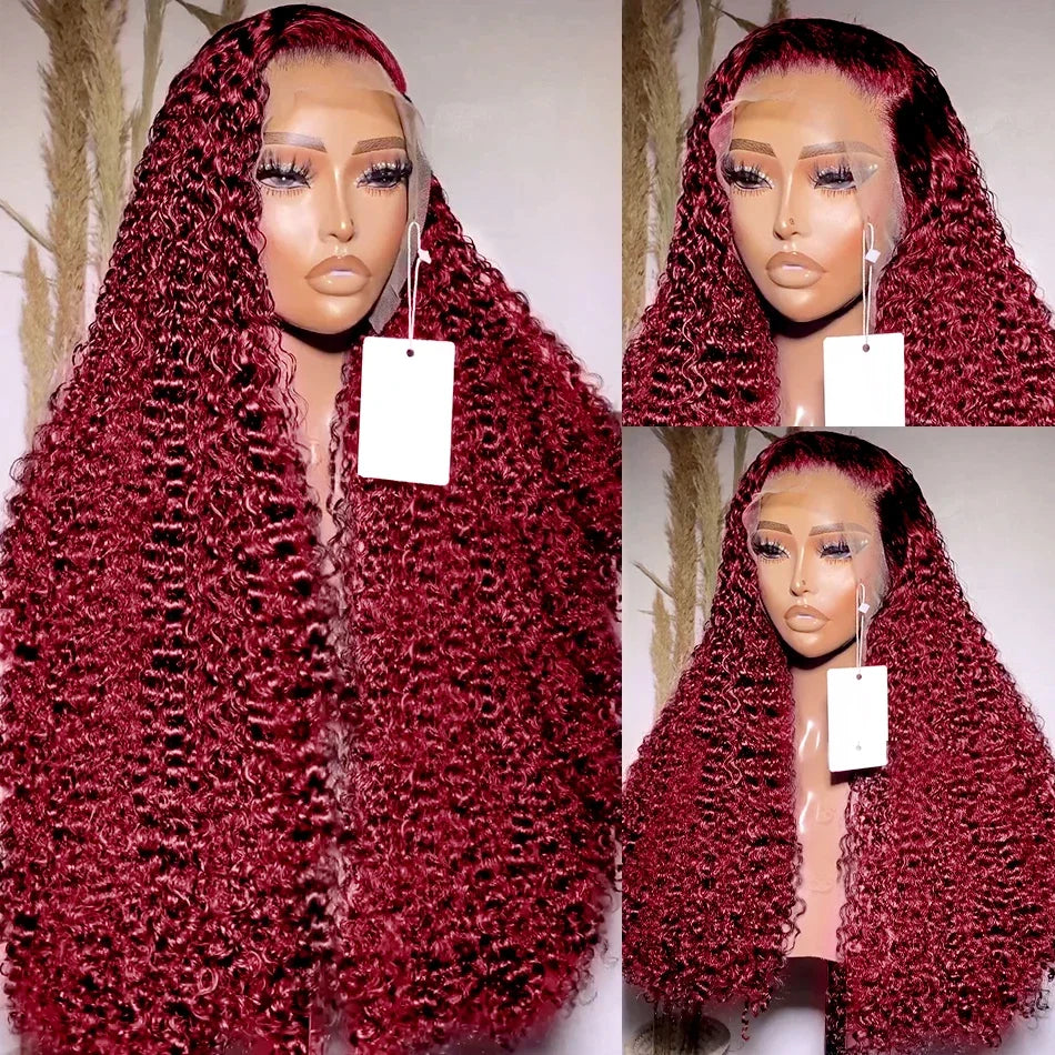 13x4 Deep Curly Lace Frontal Wig 99J Burgundy 250 Density 13x6 Lace Front Wigs Red Color HD Deep Wave Human Hair Wigs For Women